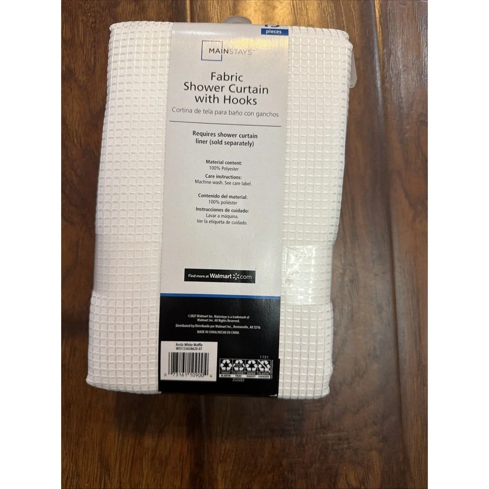 Mainstays Fabric Shower Curtain w/ Hooks Arctic White Waffle 72